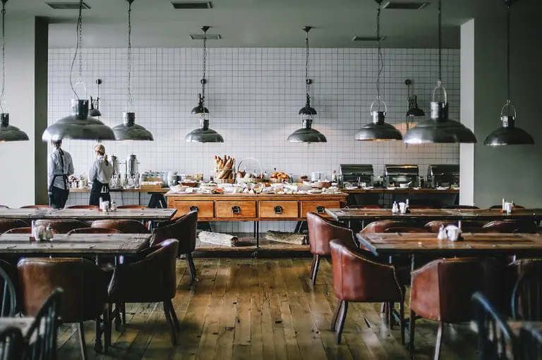 inside the restaurant food tables lamps