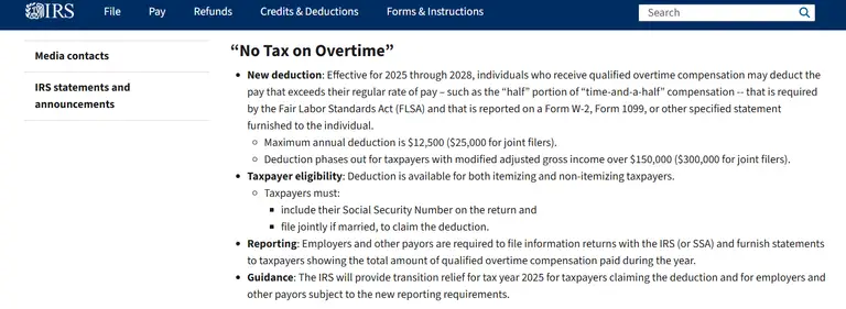 IRS and no tax on overtime