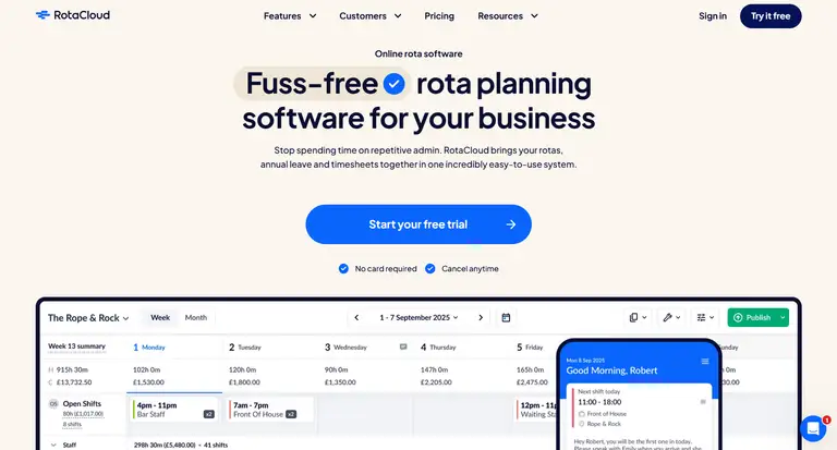 RotaCloud workforce management software for growing businesses, managers and more - main website with free trial details.
