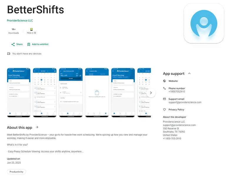 BetterShifts app in Google Store