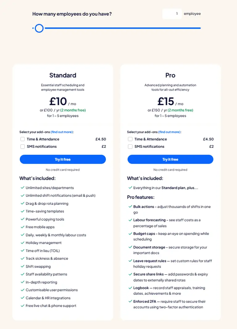 RotaCloud's pricing - to check prices for more users, visit their website.