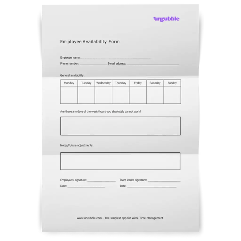 Download Free Employee Availability Form NOW | Unrubble Templates